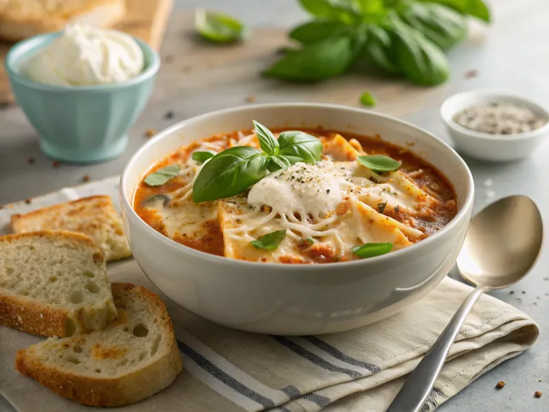 Eine Schüssel mit heißer Lasagnesuppe, garniert mit frischem Basilikum, einem Klecks Crème fraîche und geriebenem Parmesan