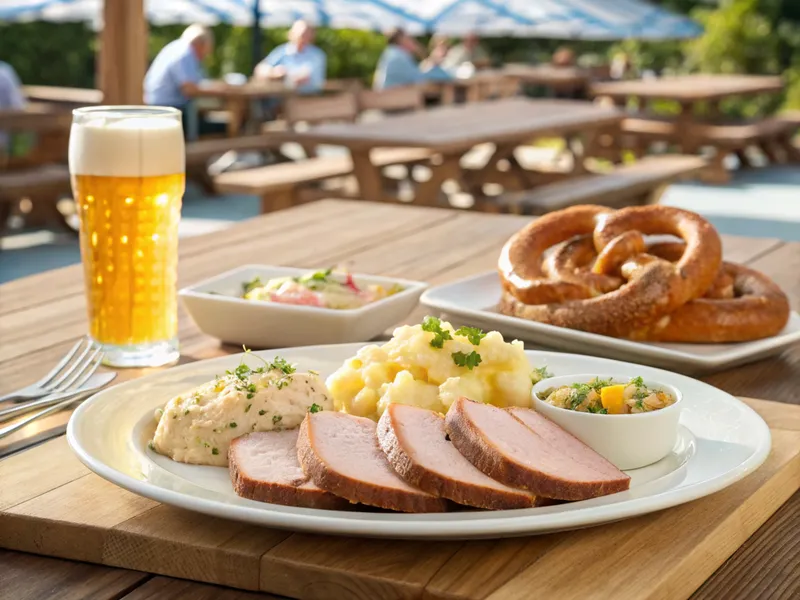 Scheiben Bayerischer Leberkäse mit Kartoffelsalat, Sauerkraut, Brezn und einem Glas bayerisches Bier auf einem Holztisch