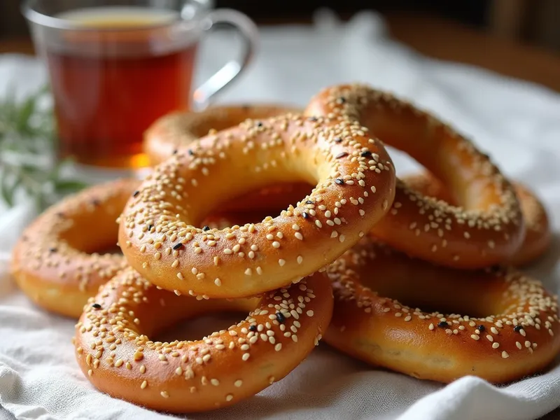 Frisch gebackene Simit-Sesamringe, traditionell serviert mit Tee beim türkischen Frühstück