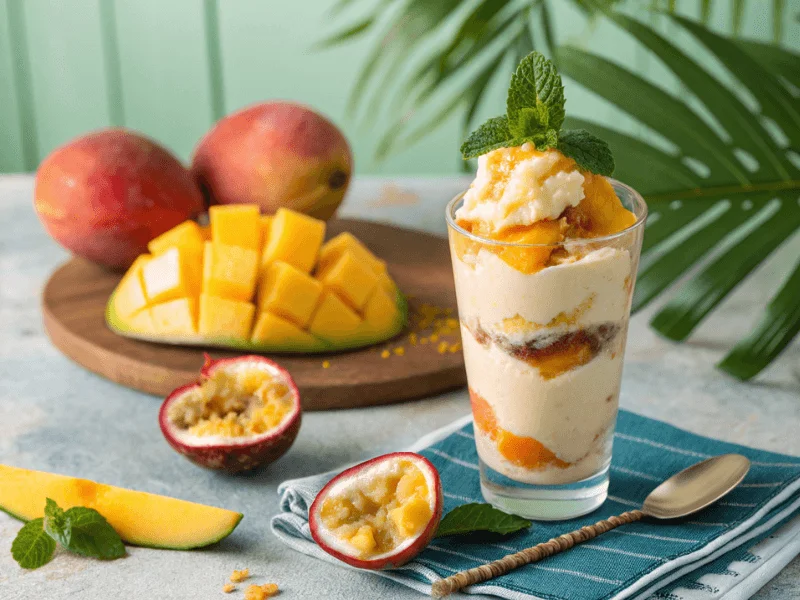 Solero-Style Eis mit Mango und Maracuja, serviert in einem Glas, dekoriert mit einer Minzgarne – tropisches Rezept Ninja Creami.