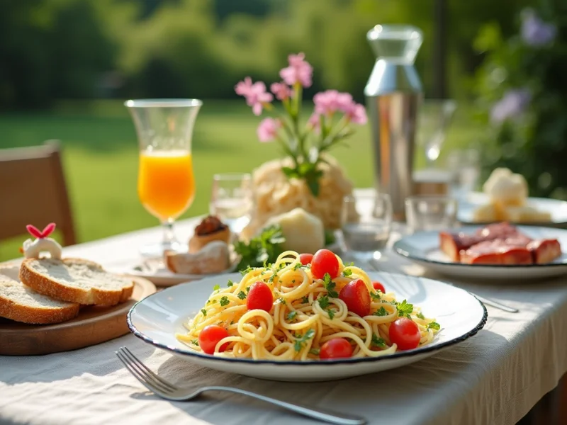 Nudelsalat serviert mit gegrilltem Fleisch und frischem Brot auf einem Sommer-Tisch