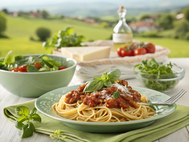 Spaghetti Bolognese serviert in einem italienischen Restaurant mit frischen grünen Akzenten – ein authentisches italienisches Gericht in einer einladenden Atmosphäre.