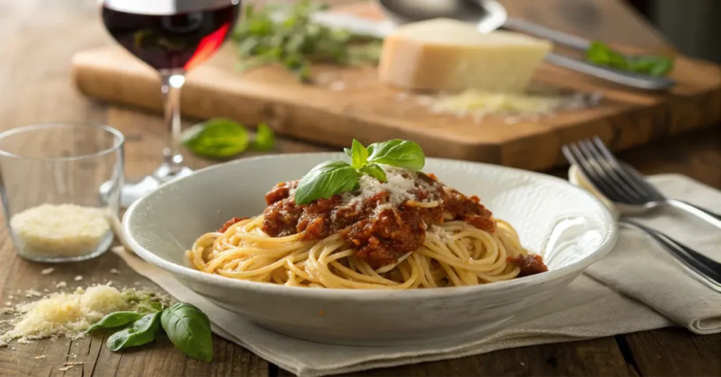 Spaghetti Bolognese mit einer reichhaltigen Ragù-Sauce, Parmesan und frischem Basilikum auf einem Teller, begleitet von einem Glas Rotwein und einer Holzplatte mit Käse.