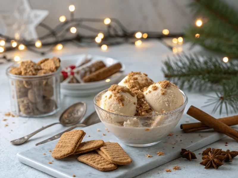 Spekulatius-Zimt-Eis serviert in einer weihnachtlichen Schale, dekoriert mit Spekulatiuskeks-Krümeln und Zimtstangen – winterliches Rezept Ninja Creami.