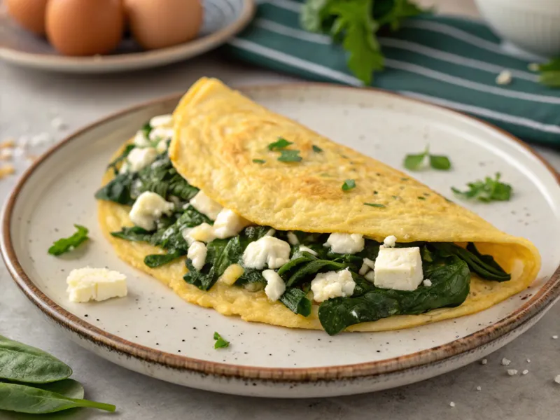 Proteinreiches Spinat-Feta-Omelett, serviert in einer Pfanne, perfekt für ein gesundes Frühstück oder Abendessen.