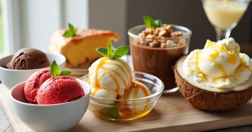 Eine stilvoll angerichtete Dessertplatte mit fünf verschiedenen Ninja Creami Rezepten: Vanilleeis neben Apfelkuchen mit Karamellsauce und Zimt, Schokoladeneis mit Karamell, Nüssen und Minze, Erdbeer-Sorbet mit Butterkeksen und frischer Minze, Frozen Yogurt mit Honig, Walnüssen und Feigen sowie Mango-Kokos-Eis in einer Kokosnussschale mit Limettenzesten und gerösteten Kokosraspeln.