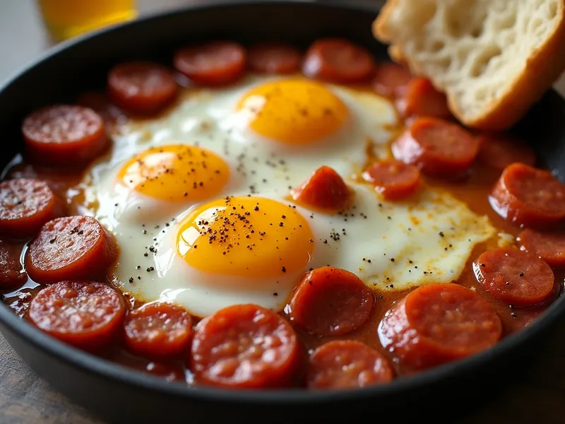 Türkisches Frühstücksgericht mit Spiegeleiern und würziger Sucuk-Wurst.