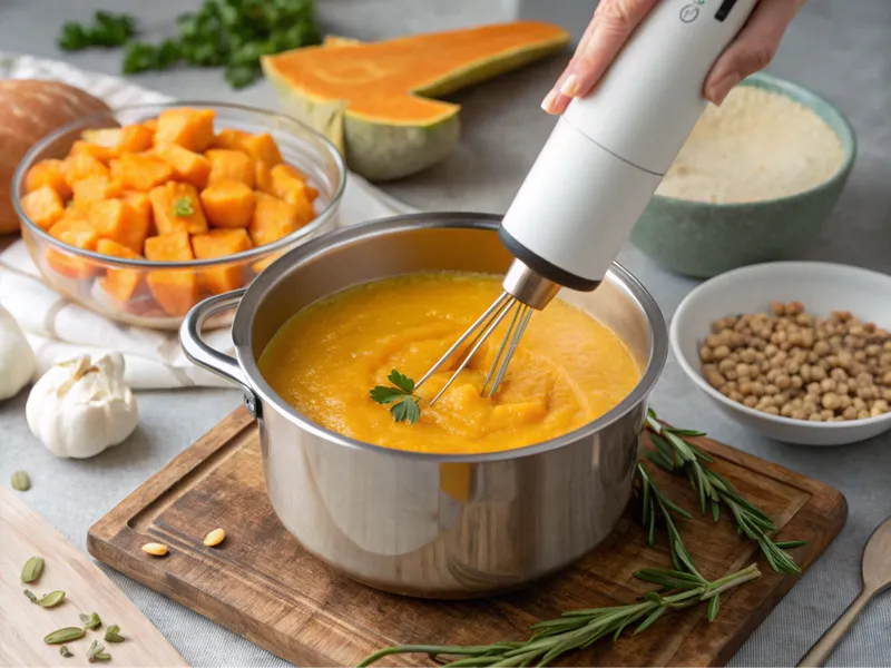 Ein Stabmixer püriert Butternut Kürbis in einem Topf zu einer cremigen Suppe