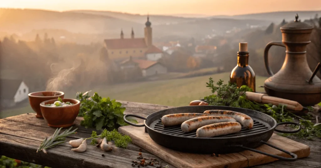 raditionelle Thüringer Bratwurst auf einem Grill, umgeben von frischen Kräutern und einer ländlichen Szenerie im Hintergrund.