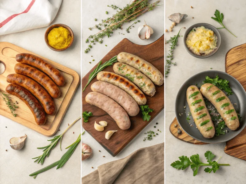 Collage von verschiedenen Zubereitungsarten der Thüringer Bratwurst, einschließlich Grillen, Braten und Servieren mit traditionellen Beilagen.