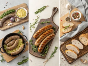 Collage von Thüringer Bratwurst in traditionellen deutschen Essensszenen, einschließlich Grillfesten und Biergarten.