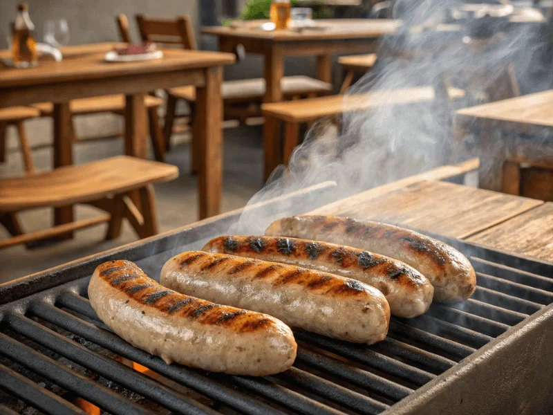 Vier Thüringer Bratwürste auf einem heißen Grill in einem rustikalen Biergarten mit Rauch.