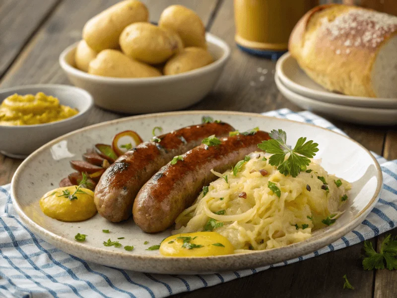 Zwei perfekt gebräunte Thüringer Bratwürste serviert mit Kartoffeln, Sauerkraut, und einer Senfbeilage.