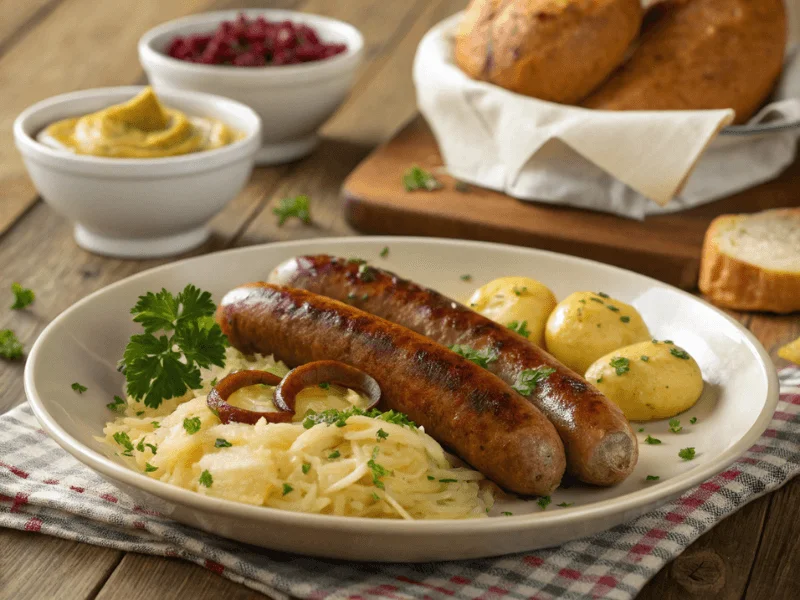 Thüringer Bratwurst serviert mit Sauerkraut, Senf, und Kartoffeln auf einem rustikalen Holztisch.