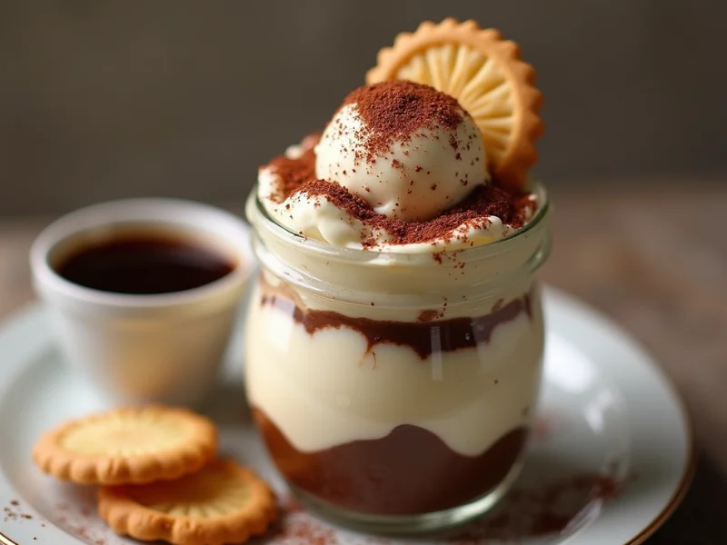 Tiramisu-Eis in einem Glas, geschichtet mit Kakao und einem Löffelbiskuit.