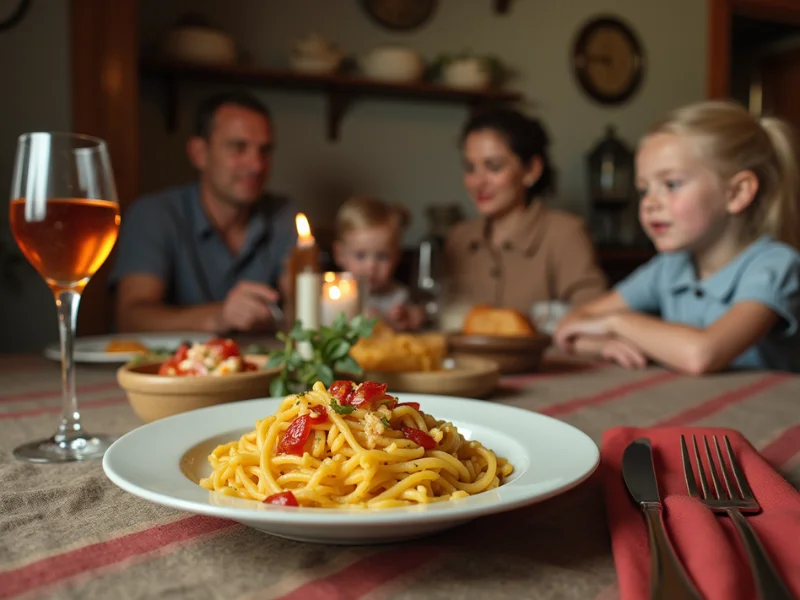 Traditionelle deutsche Familienmahlzeit mit Nudelsalat auf dem Tisch