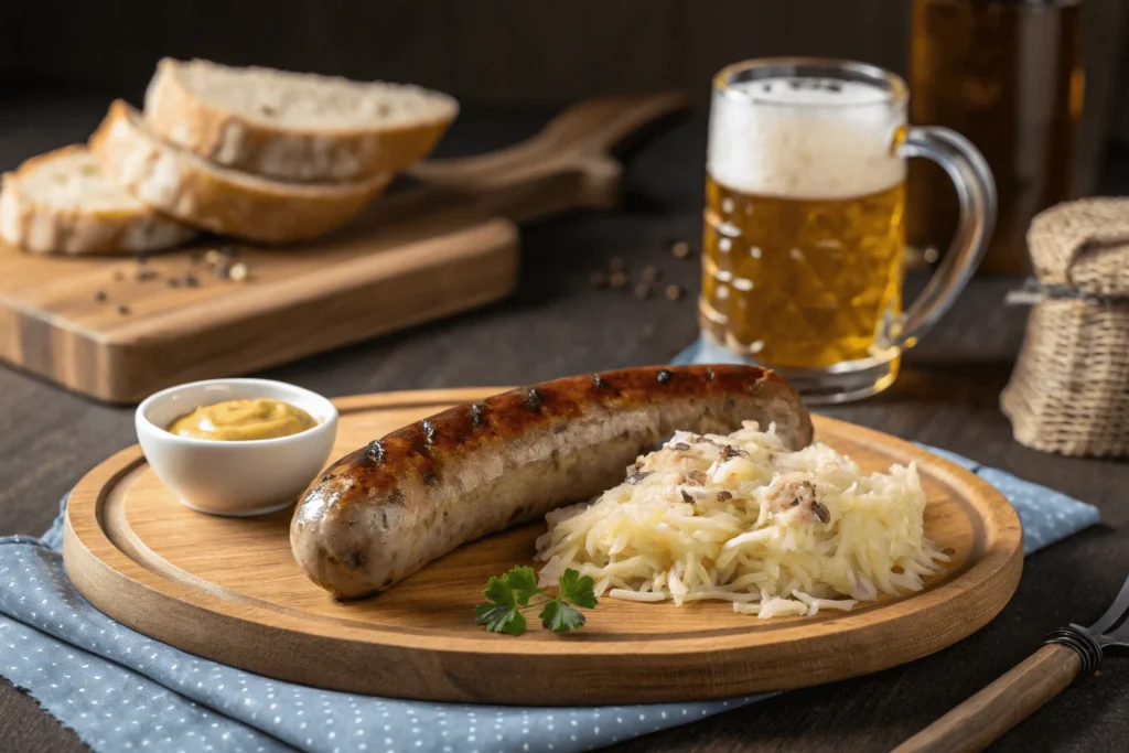 Fränkische Bratwurst auf einem rustikalen Holzteller, serviert mit frisch gegartem Sauerkraut und einem vollen Bierkrug.