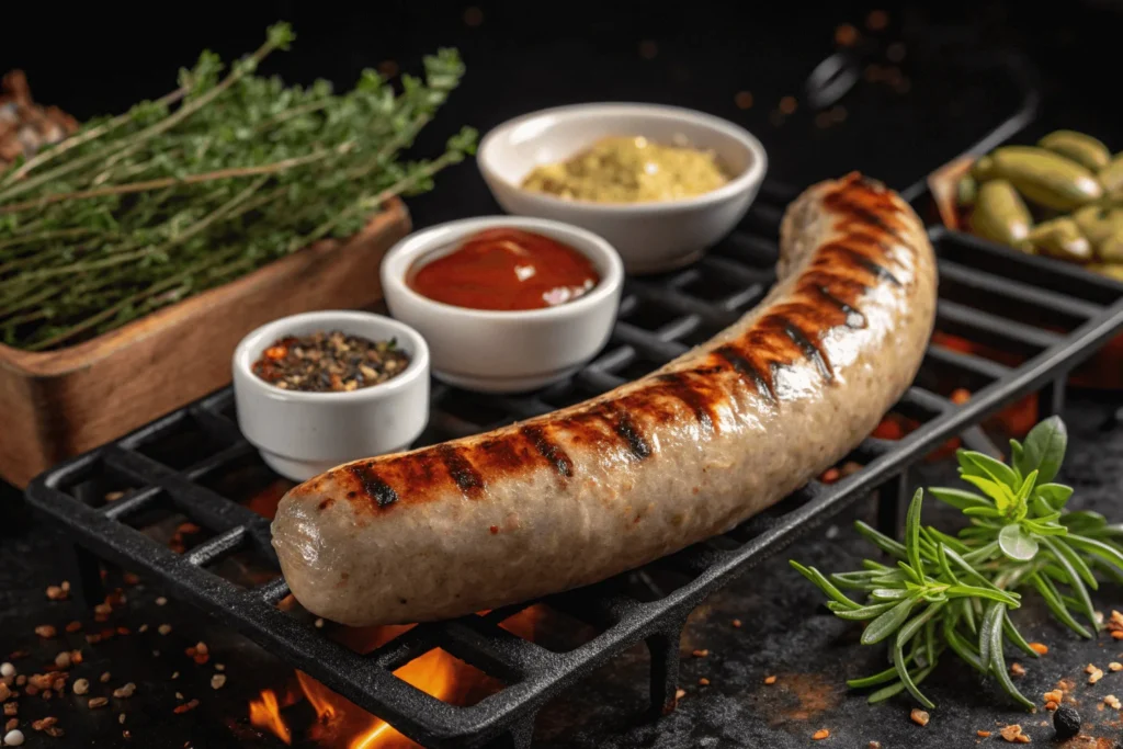 Thüringer Bratwurst auf einem Grill, gewürzt mit Majoran und Kümmel.