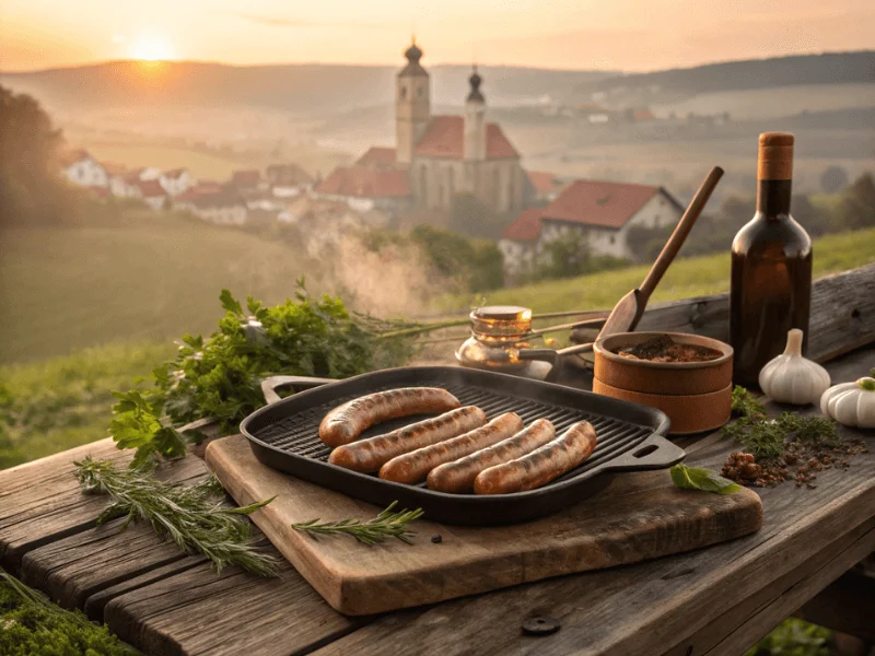 Thüringer Bratwürste in einer Grillpfanne, angerichtet mit Kräutern und Gewürzen, mit Blick auf eine deutsche Landschaft bei Sonnenuntergang.