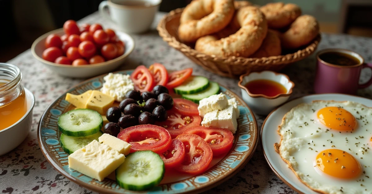 Traditionelles Türkisches Frühstück mit frischem Brot, Oliven, Käse, Eiern, Tomaten, Gurken, Honig und Tee, serviert auf einem Holztisch bei natürlichem Licht.