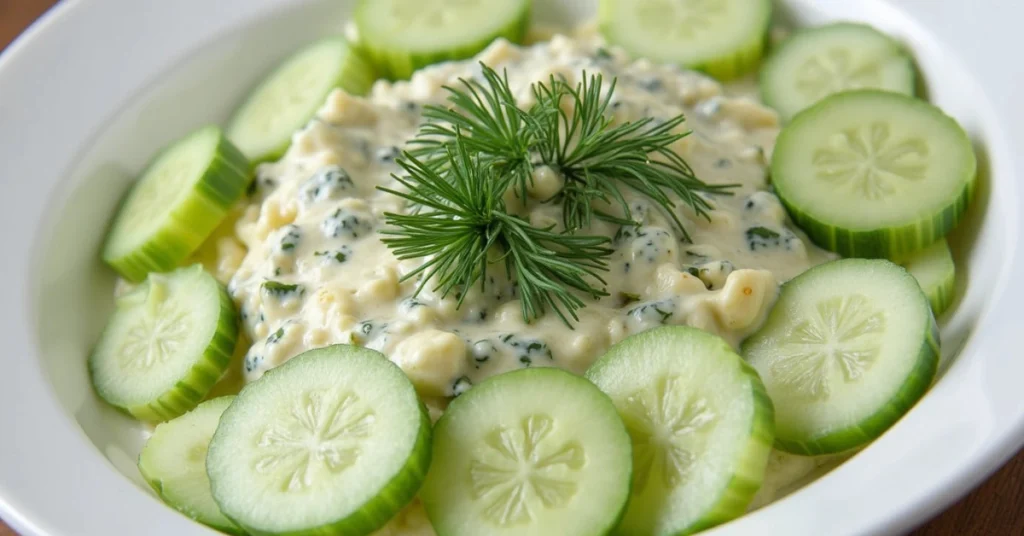 Ein frischer Gurkensalat mit cremigem Joghurt-Dressing, garniert mit Dill und serviert mit Gurkenscheiben – eine leichte und gesunde Mahlzeit.