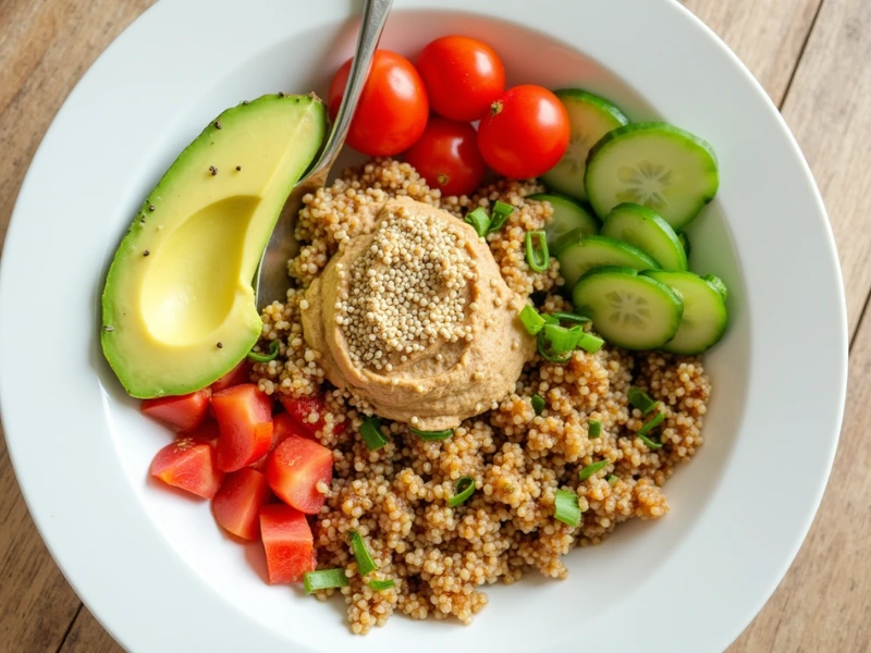 Schnelles veganes Gericht: Buddha Bowl mit Quinoa, Hummus, Avocado und Sesam.