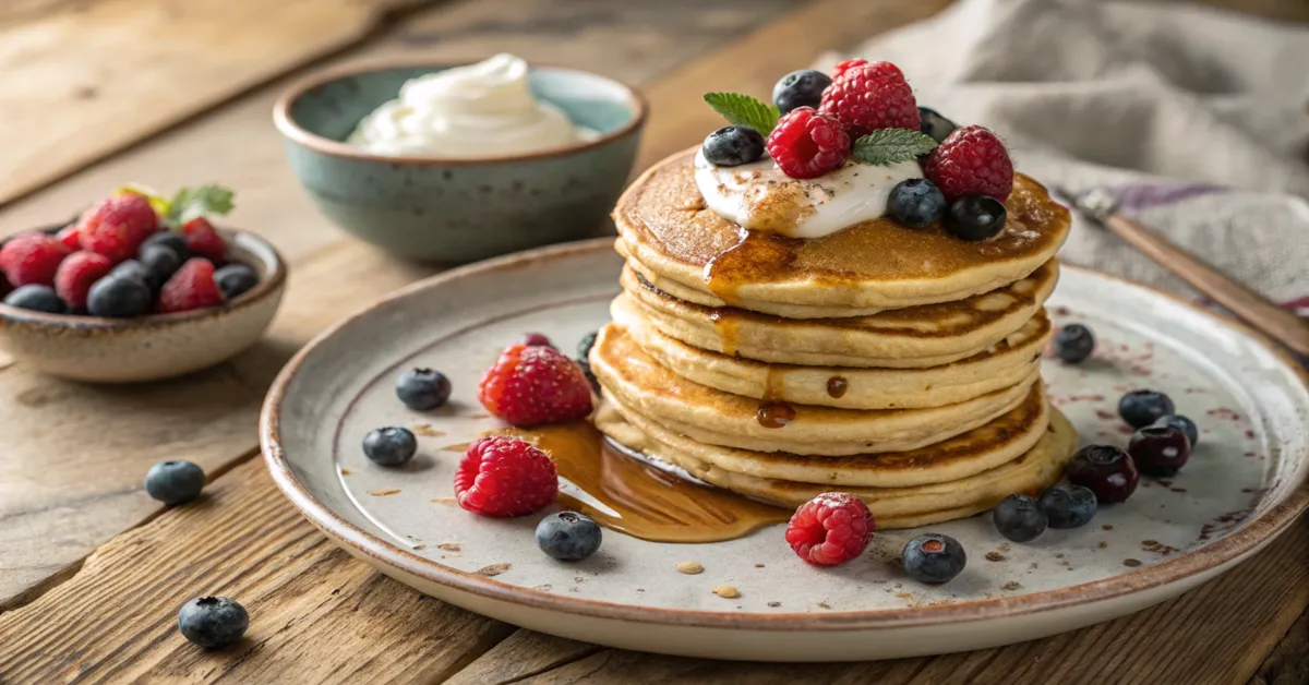 Fluffige vegane Pancakes mit frischen Beeren und Ahornsirup auf einem Teller gestapelt.