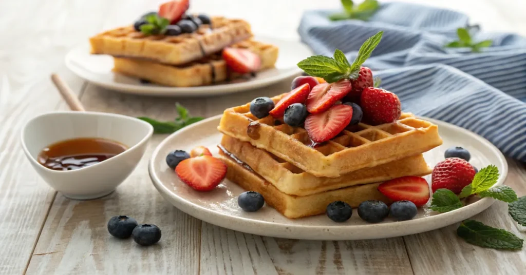 Goldbraune vegane Waffeln mit frischen Früchten und Ahornsirup auf einem rustikalen Holztisch - vegane waffeln rezept