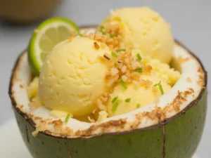 Veganes Mango-Kokos-Eis in einer Kokosnussschale mit gerösteten Kokosraspeln und Limettenzesten – tropisches Highlight aus den Ninja Creami Rezepte.