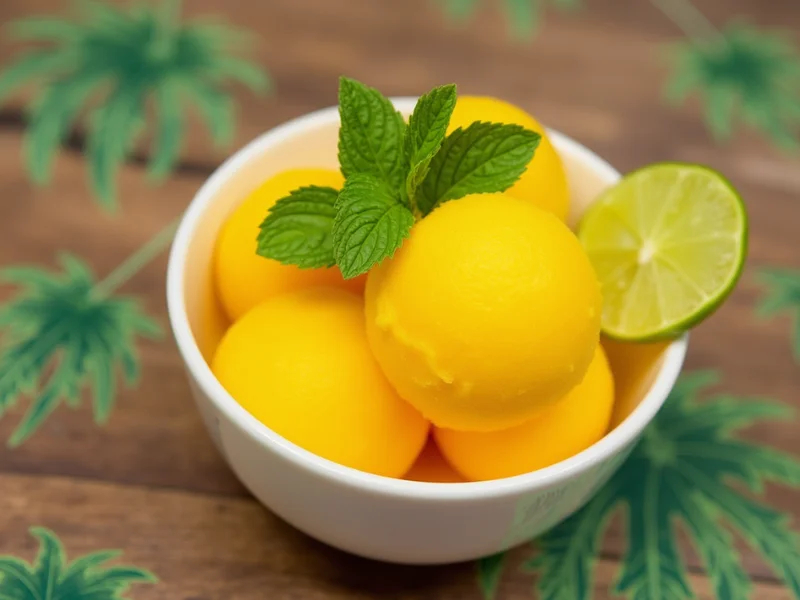 Veganes Mango-Sorbet in einer Schale, garniert mit Minzblättern und Limettenscheibe