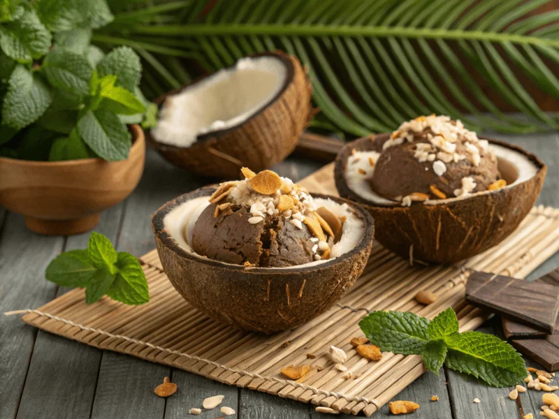 Veganes Schokoladen-Kokos-Eis, serviert in Kokosnusshälften, dekoriert mit gerösteten Kokosflocken – Rezepte Ninja Creami.