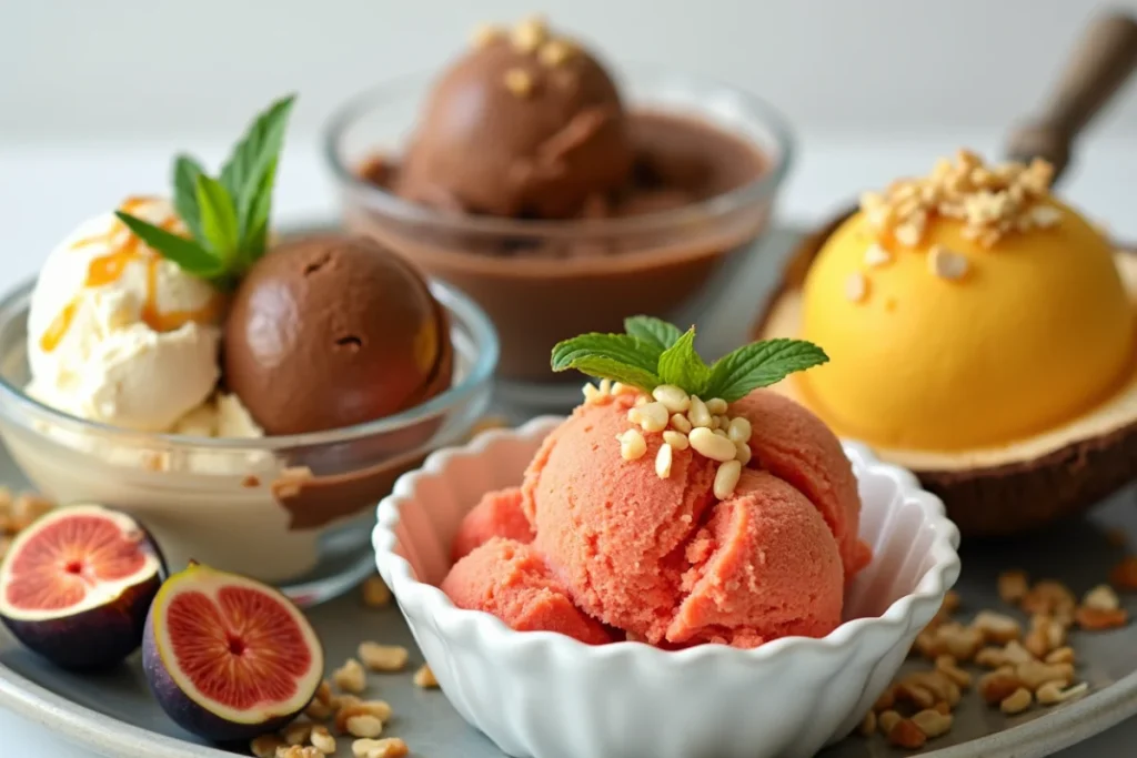 Eine exquisite Auswahl an Ninja Creami Rezepten: Vanilleeis, Schokoladeneis, Erdbeer-Sorbet, Frozen Yogurt und Mango-Kokos-Eis – serviert auf einer eleganten Dessertplatte.