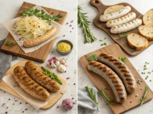 Collage von verschiedenen Thüringer Bratwurst-Varianten, die mit regionalen Gewürzen wie Kümmel, Knoblauch und Majoran zubereitet werden.