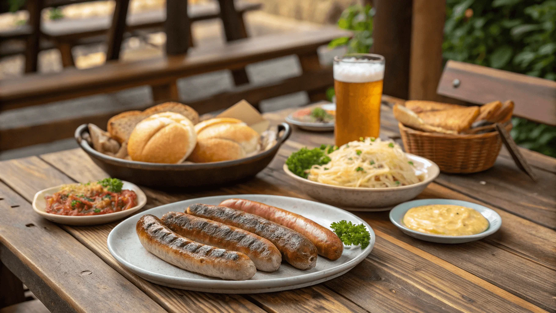 Verschiedene Bratwurstsorten (Thüringer, Nürnberger, Merguez) mit Sauerkraut und Senf auf einem rustikalen Tisch