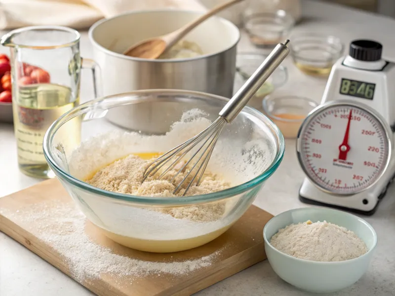 Rührschüssel mit Dinkelmehl, Wasser und Hefe für den Vorteig, im Hintergrund eine Küchenwaage  - dinkelbrot selber backen