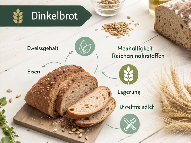 Infografik mit den Vorteilen von Dinkelbrot, inklusive hohem Eiweißgehalt, Nachhaltigkeit und Lagerungstipps - dinkelbrot selber machen