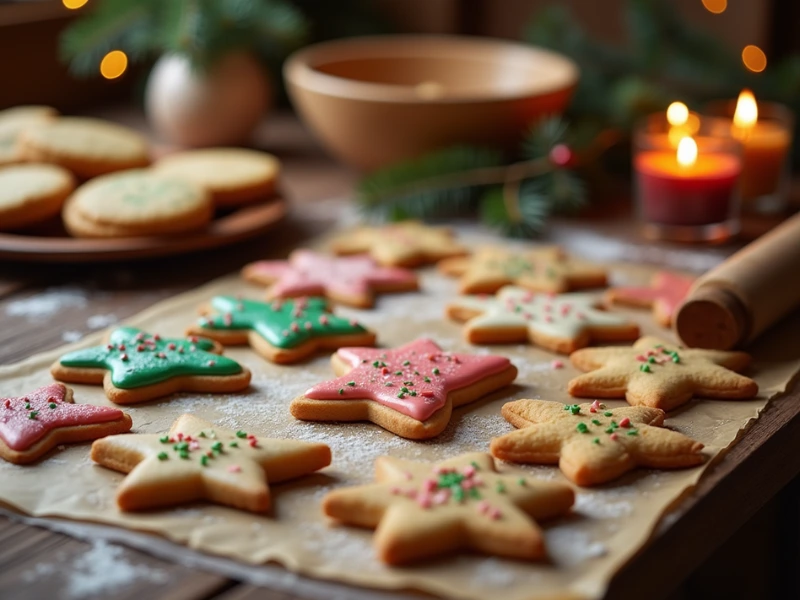 Dekorierte Weihnachtsplätzchen mit buntem Zuckerguss und Streuseln, einfaches Plätzchen Rezept für die Feiertage.