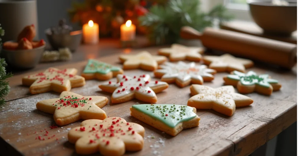 Selbstgemachte Weihnachtsplätzchen in Stern- und Tannenbaumform mit buntem Zuckerguss auf einem rustikalen Holztisch, begleitet von weihnachtlicher Dekoration.