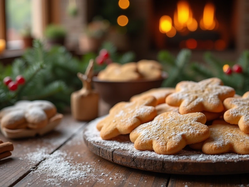 Dekorierte Weihnachtsplätzchen auf einem Teller, im Hintergrund eine festliche Weihnachtsdekoration für das Plätzchen Rezept.