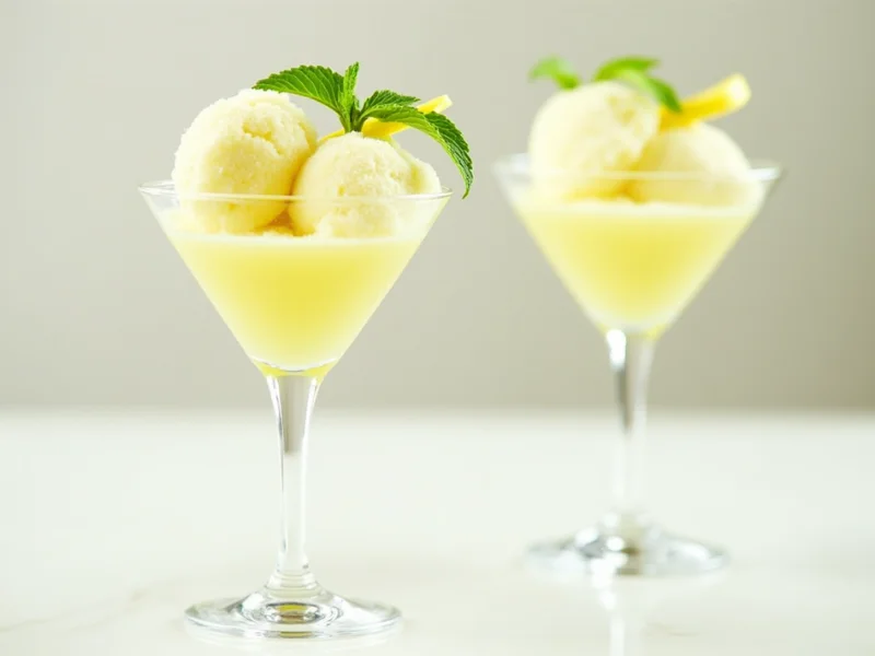 Zitronensorbet in einem Glas mit Zitronenspirale und Minzblatt als Dekoration.