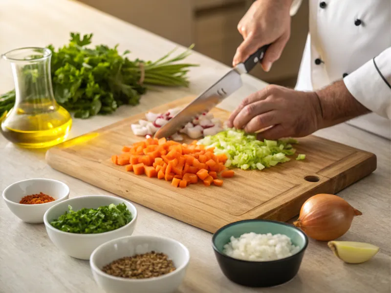 Gemüse für Spaghetti Bolognese Rezept Italienisch: Fein gewürfelte Karotten, Sellerie und Zwiebeln auf einem Schneidebrett, umgeben von Kräutern und Gewürzen