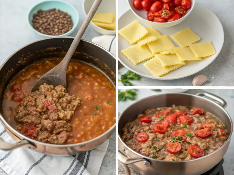 Eine Pfanne mit angebratenem Hackfleisch, Tomatenmark und Gewürzen, während die Lasagneplatten in die Suppe gegeben werden - rezept lasagnesuppe