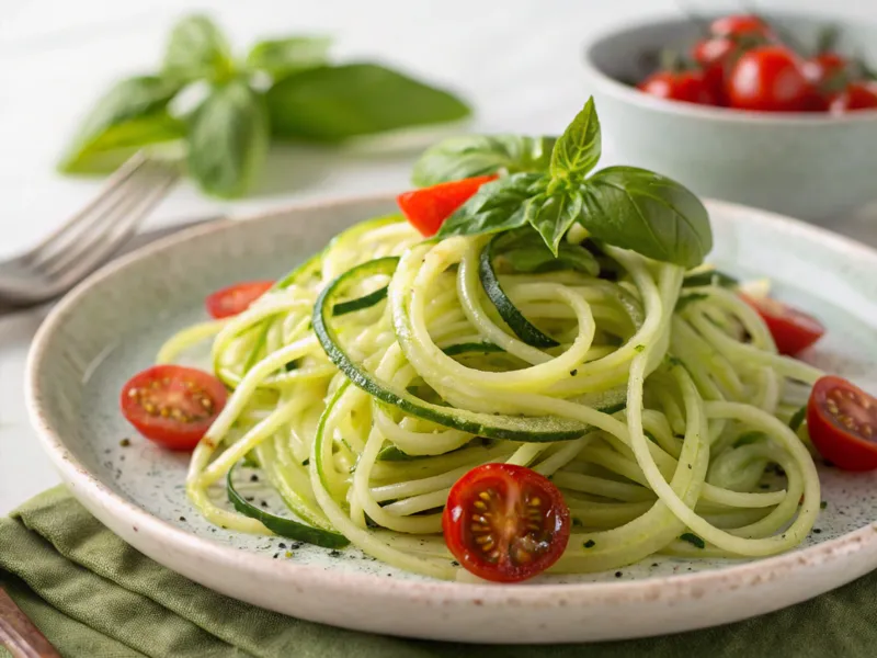 Low-Carb Zucchini-Nudeln mit frischem Pesto, saftiger Hähnchenbrust und geriebenem Parmesan