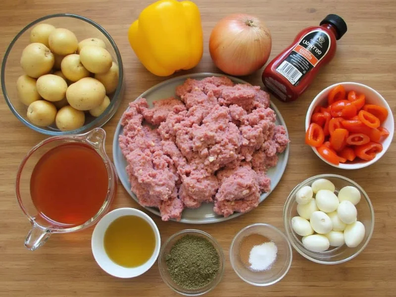 Flach gelegte Zutaten für Bauerntopf: Kartoffeln, Hackfleisch, Paprika, Zwiebeln, Knoblauch, Tomatenmark und Gewürze.