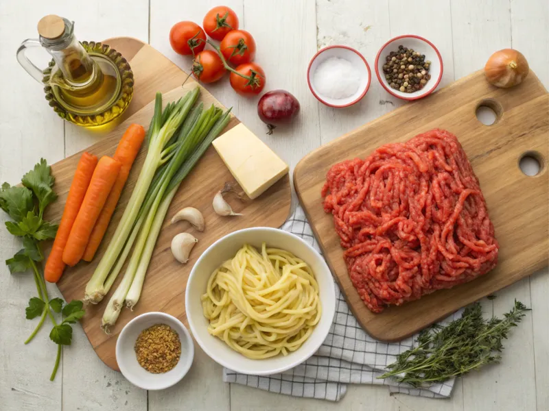 San Marzano Tomaten, Hackfleisch, Gemüse, Pasta und frische Kräuter für eine Bolognese Sauce