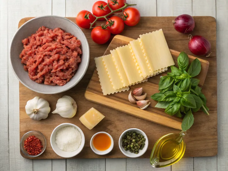 Frische Zutaten für Lasagnesuppe: Lasagneplatten, Hackfleisch, Tomaten, Zwiebeln, Knoblauch, Basilikum und Rinderbrühe