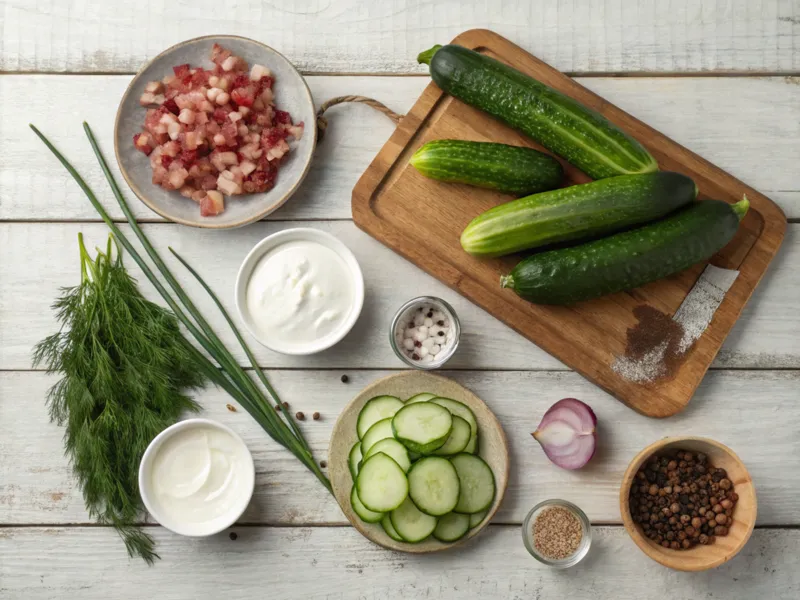 Frische Zutaten für Schmorgurken: Gurken, Zwiebeln, Speck, Dill, saure Sahne und Gewürze