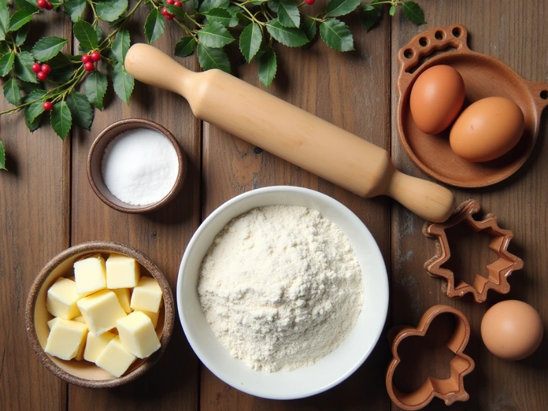 Zutaten für Plätzchen Rezept: Butter, Zucker, Mehl und Eier, arrangiert auf einem Holztisch mit Weihnachtsdekoration.