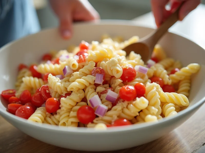 Hände, die Pasta, Kirschtomaten und Mayo-Dressing in einer großen Schüssel vermengen