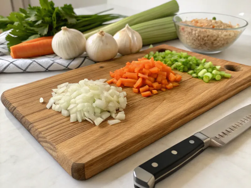 Eine Arbeitsfläche mit fein gehackten Zwiebeln, Knoblauch und Karotten neben einem Messer